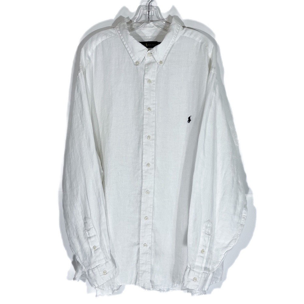 Polo Ralph Lauren 100% Linen Button Up Shirt Mens 3XB Solid White Blue Pony